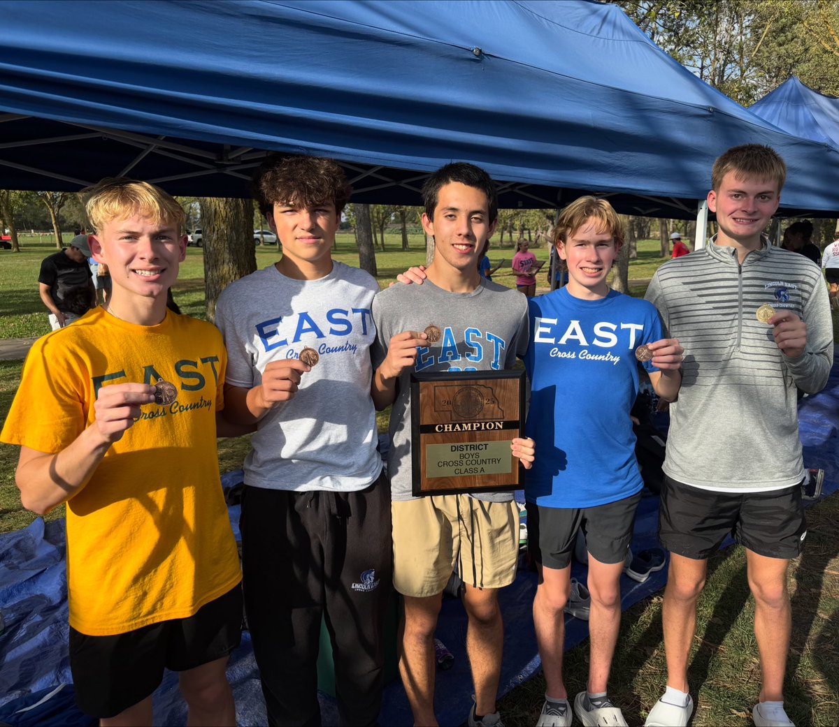 A-3 District Medalists for the Spartans: Daren Linscott 7th, Jayden Hirschman 12th, Arthur Pribil 13th, Dylan Linscott 5th, and your A-3 District champion, Ben Schlegelmilch. <a href="/EastSpartans/">EastHighSpartans</a>