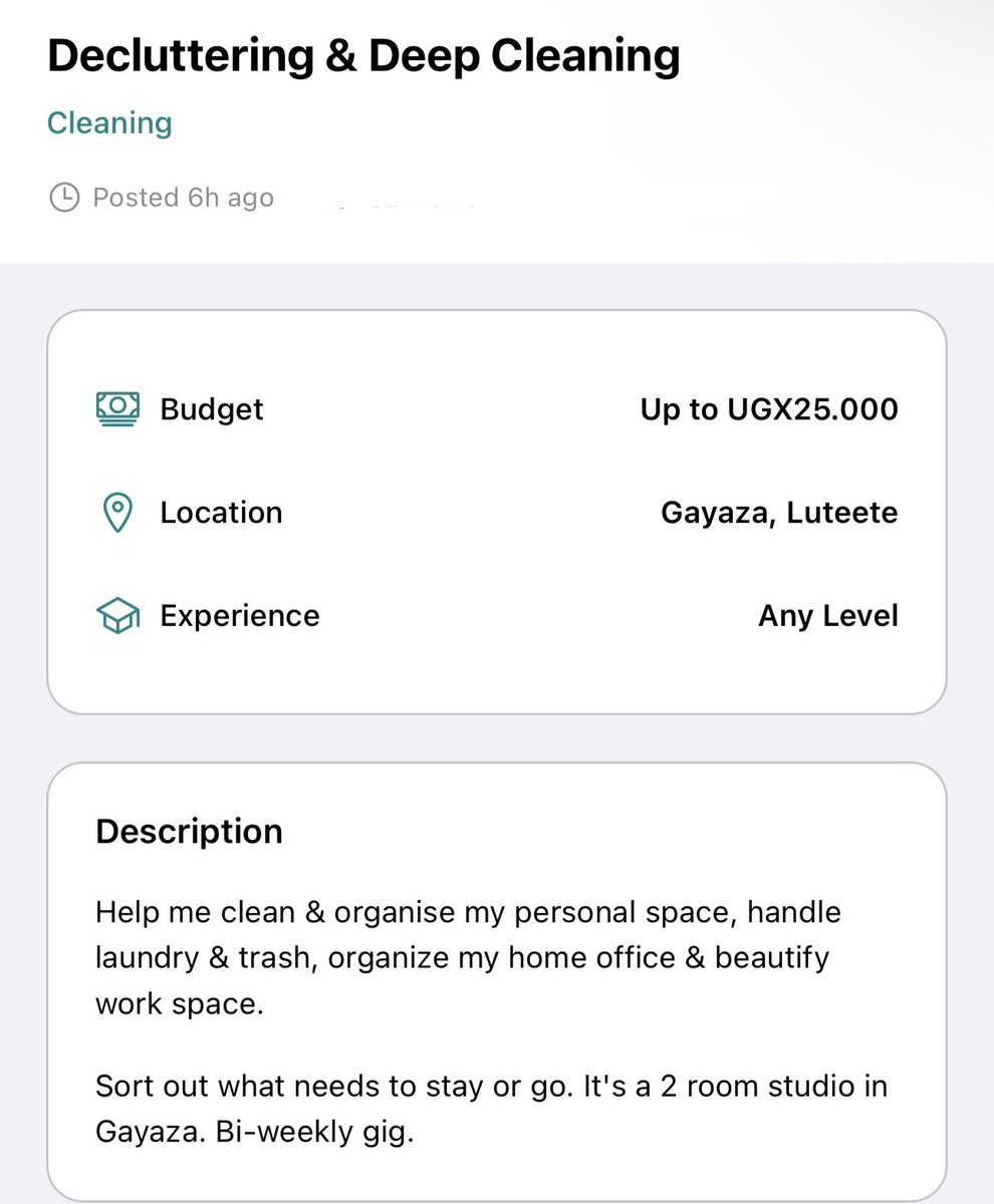 Gig Alert!  
Bi-weekly cleaning &amp; organizing gig in Gayaza!  

Apply now on ProGigFinder (Download on iOS, Android, or use the web). 
Also stay tuned, our Cleaner Booking Feature is coming soon to help you get even more clients!