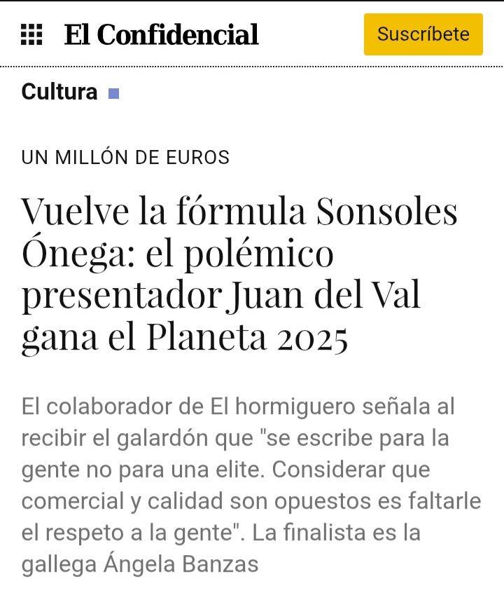 El libro de <a href="/sonsolesonega/">Sonsoles Ónega</a> era muy, muy malo.
El del payaso de Juan, irá en la misma línea.
Los premios Planeta siguen la estela de basura de su televisión <a href="/antena3com/">Antena 3</a>