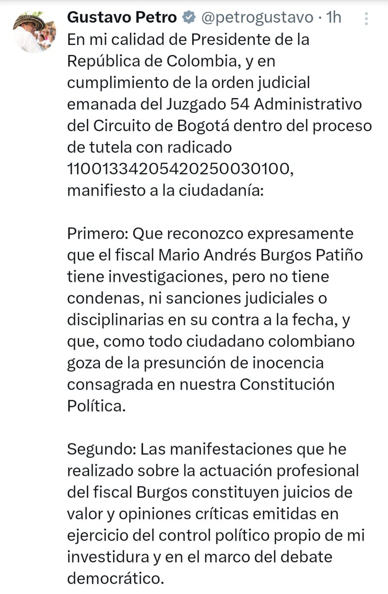UltimaHoraCR's tweet image. #POLÍTICA El presidente Gustavo Petro (@petrogustavo) dio cumplimiento a la orden del Tribunal Administrativo de Cundinamarca en la que se retractó públicamente de sus declaraciones contra el fiscal Mario Andrés Burgos Patiño, a quien había acusado, sin pruebas, de tener vínculos…