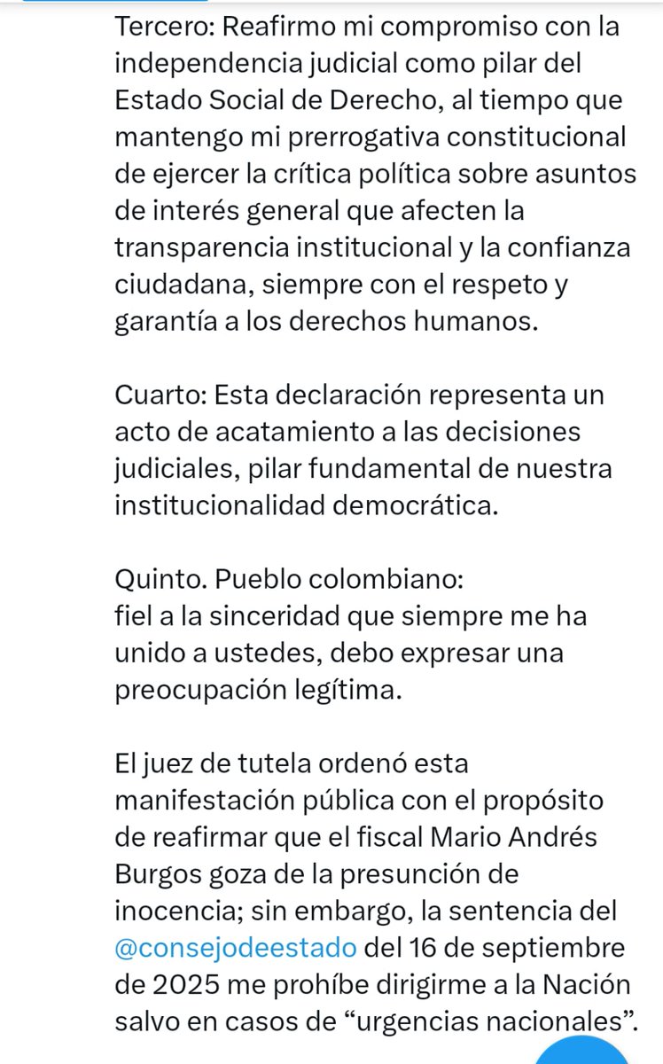 UltimaHoraCR's tweet image. #POLÍTICA El presidente Gustavo Petro (@petrogustavo) dio cumplimiento a la orden del Tribunal Administrativo de Cundinamarca en la que se retractó públicamente de sus declaraciones contra el fiscal Mario Andrés Burgos Patiño, a quien había acusado, sin pruebas, de tener vínculos…