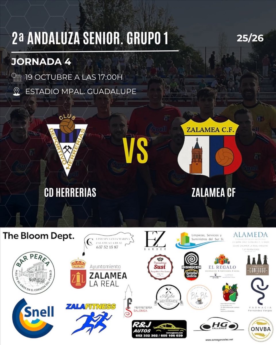 📍 Cuarta jornada de liga y esta vez nos toca visitar el campo del <a href="/CDHERRERIAS/">CD HERRERIAS</a>
Un nuevo reto fuera de casa donde iremos a dejarlo todo por nuestros colores 🔴🔵

#VamosEquipo #VamosZalamea 
<a href="/DeZalamealaReal/">Ayuntamiento de Zalamea la Real</a> #Snellcuenca #thebloomdepartment #BarPerea #Zalafittnes