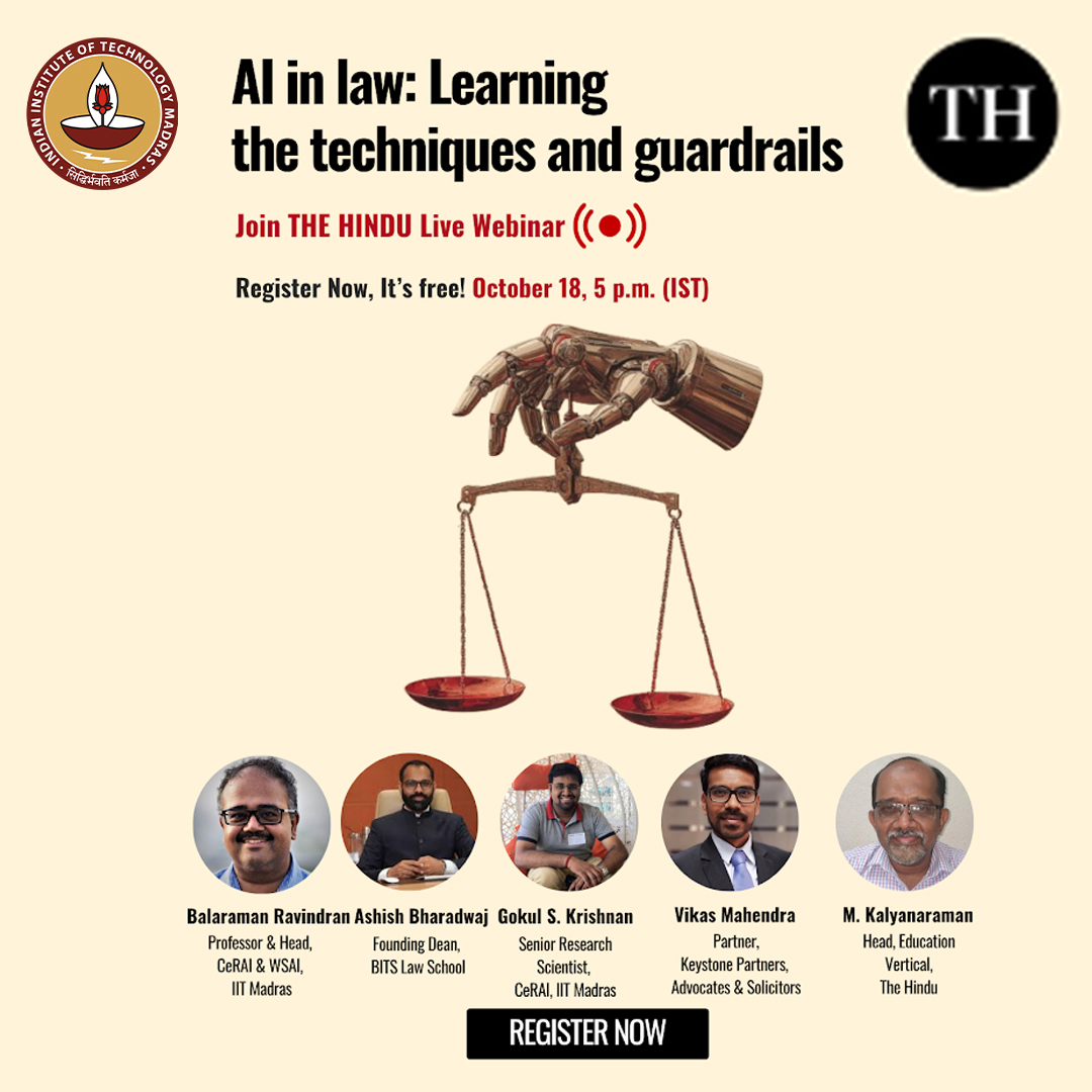 IIT Madras (@iitmadras) on Twitter photo How can Artificial Intelligence redefine the future of law — and what ethical guardrails are needed to ensure its responsible use? 
Join Prof. Balaraman Ravindran (<a href="/ravi_iitm/">Balaraman Ravindran</a>), Head of CeRAI & WSAI, IIT Madras, and Dr. Gokul S. Krishnan (<a href="/gsk1992/">Gokul S Krishnan</a> ), Senior Research Scientist, How can Artificial Intelligence redefine the future of law — and what ethical guardrails are needed to ensure its responsible use? 
Join Prof. Balaraman Ravindran (<a href="/ravi_iitm/">Balaraman Ravindran</a>), Head of CeRAI & WSAI, IIT Madras, and Dr. Gokul S. Krishnan (<a href="/gsk1992/">Gokul S Krishnan</a> ), Senior Research Scientist,