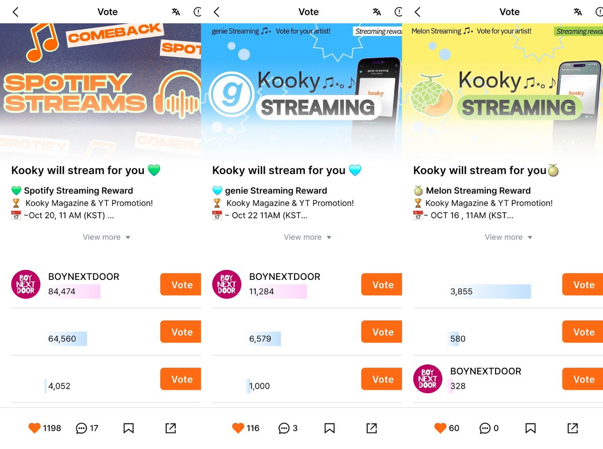 [ COMEBACK SUPPORT ]

ONEDOOR, ada 3 ongoing voting di app kooky yuk jangan lupa vote!

Kooky will stream for you
💚 Spotify
🔗kookylinkpage.kooky.io/content/polls/…
🗓~20 Oktober (09.00 WIB)

🩵 Genie
🔗kookylinkpage.kooky.io/content/polls/…
🗓~22 Oktober (09.00 WIB)

🍈 Melon
🔗kookylinkpage.kooky.io/content/polls/…
🗓~23