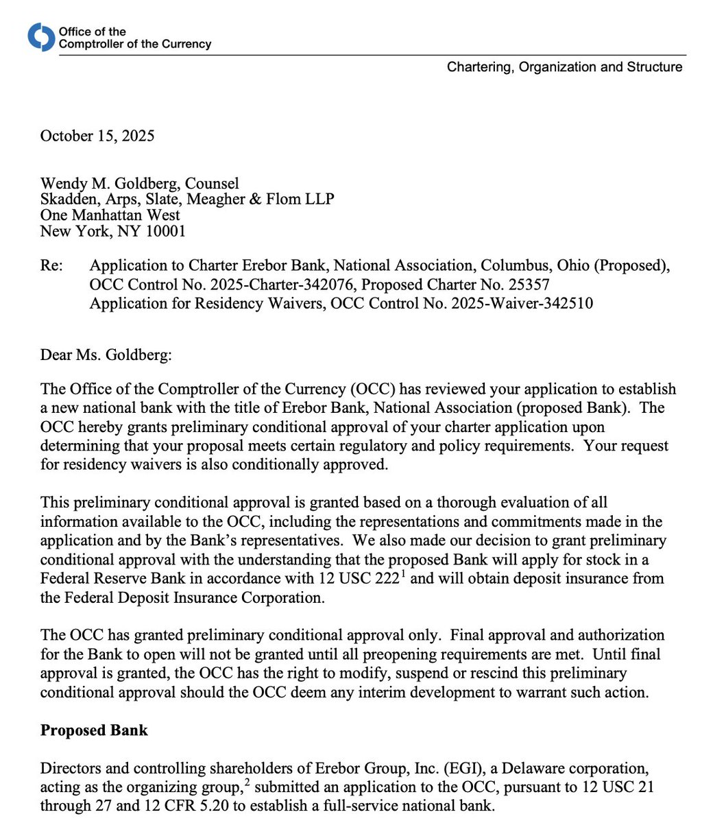 🇺🇸 ​​NEW: The OCC has granted preliminary banking charter approval to Peter  Thiel-backed crypto bank Erebor.