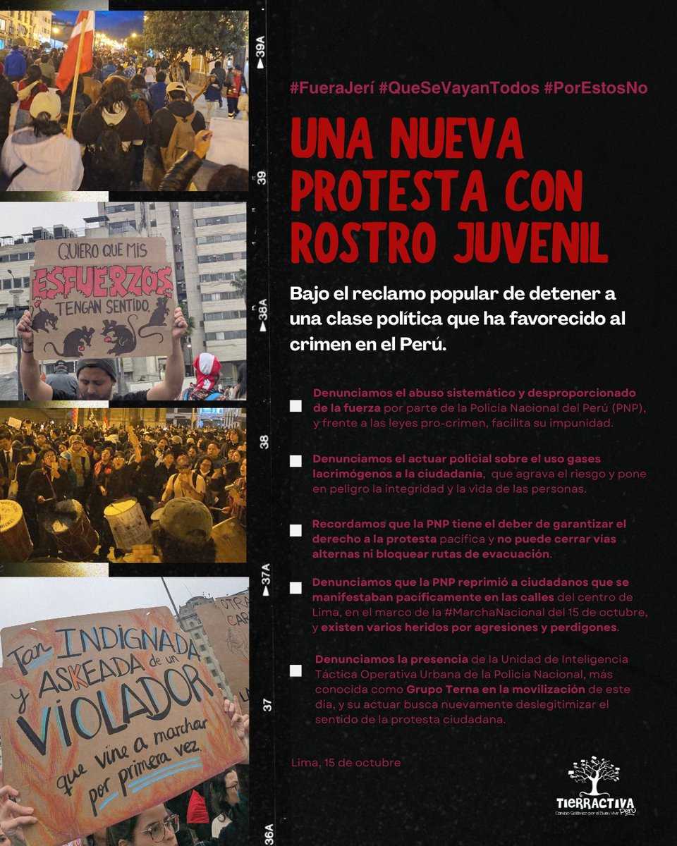 TierrActivaPeru's tweet photo. #Marcha15Octubre | La violencia sistemática ejercida por la @PoliciaPeru en las calles no es un hecho aislado: es reflejo de una institución que actúa sin control, sin ética y sin respeto por el derecho a la protesta.
Basta  @josejeriore, la violencia del Estado debe detenerse. https://t.co/pczEI2UeAn