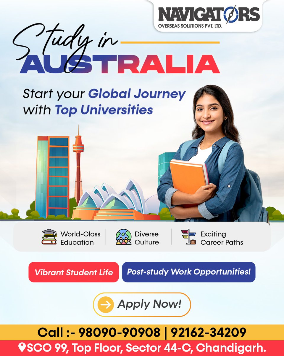 Navigatorsos's tweet photo. Study in Australia!
Top Universities • World-Class Education • Exciting Careers
✅ Post-study Work |  Vibrant Student Life

📞 98090-90908 | 92162-34209

#australiastudyvisa #studyinaustralia #indianstudents #Australia  #studyabroad https://t.co/e8JSTFbvHE