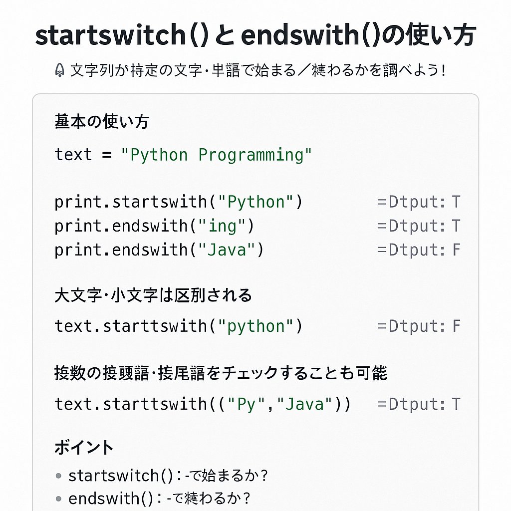 Ackfactory_ACC's tweet image. Python入門 #54:startswith() と endswith() の使い方
✅ ファイル拡張子チェック:endswith(".txt")
✅ Web判定:startswith("https")
✅ 大文字小文字は区別される
🔰 データ前処理やファイル操作に欠かせない関数です
#Python入門 #Python講座 #startswith #Python初心者 #プログラミング学習
