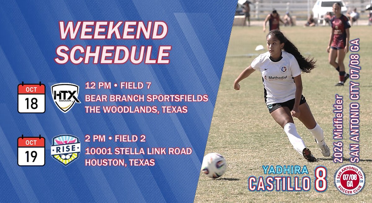 Road trip this weekend to the Houston area.

<a href="/GAcademyLeague/">Girls Academy</a> <a href="/sacitysc/">San Antonio City Soccer Club</a> <a href="/SACity0708GA/">SA City 07/08 GA</a> <a href="/ImYouthSoccer/">ECNL/GA/Recruiting/College Soccer</a> <a href="/6a_28/">SA High School & Club Soccer</a> <a href="/ImCollegeSoccer/">College Soccer Truth ™</a> <a href="/soccer_warren/">Warren Girls Soccer</a> <a href="/PrepSoccerTX/">Prep Soccer Texas</a> <a href="/PrepSoccer/">Prep Soccer ⚽️</a> <a href="/TheSoccerWire/">SoccerWire</a> <a href="/CollegeSoccerID/">College Soccer ID</a> <a href="/jgrimleysoccer/">Jane Grimley-Gunn</a> <a href="/CoachGeorge23/">Coach George</a>