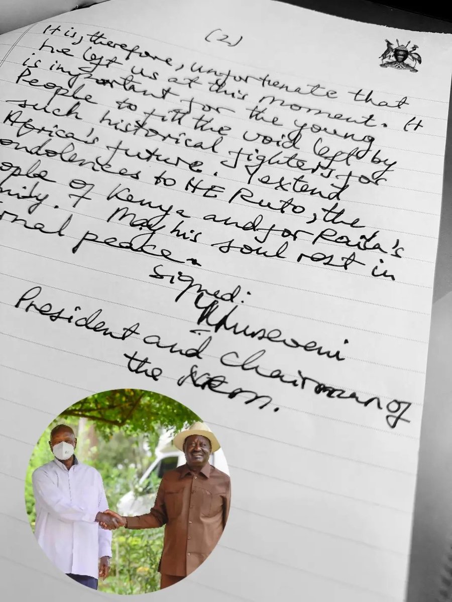 StreamUGRadio's tweet image. President Yoweri Kaguta Museveni sends a heartfelt handwritten condolence message to the people of Kenya following the passing of five-time presidential candidate Raila Odinga. 🕊️🇺🇬🇰🇪
🔗 streamugradio.com #StreamUG #RailaOdinga #Museveni #Kenya #Uganda