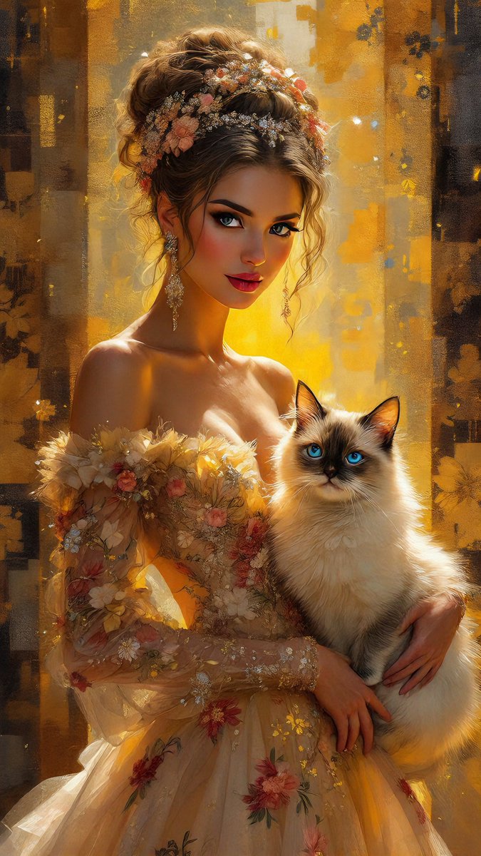 Golden serenity meets feline grace 🌸✨ A regal muse wrapped in florals, holding her blue-eyed guardian. A moment of warmth, mystery, and elegance. 4k 🩸💫#AestheticVibes #DigitalArt #phonewallpaper