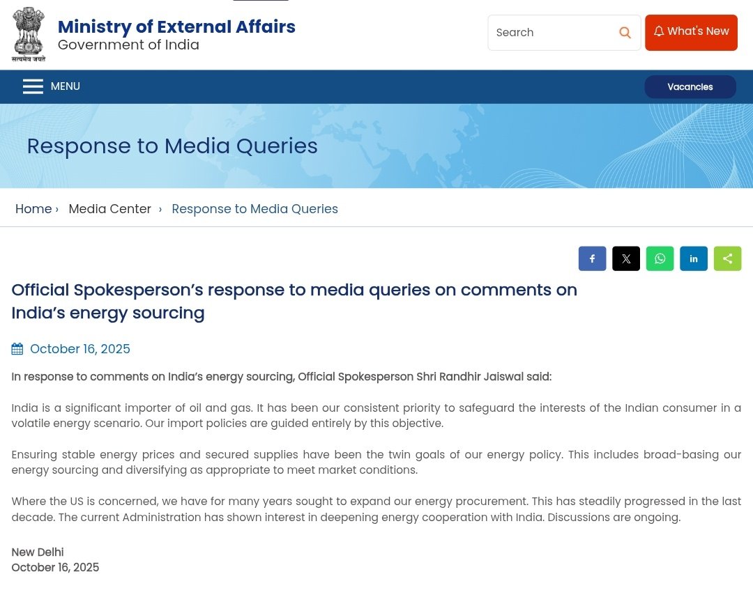 sidhant's tweet image. Breaking:
India reacts to Trump claims on India cutting Russian energy.
MEA Says,'It has been our consistent priority to safeguard the interests of the Indian consumer in a volatile energy scenario'; Points to,'expansion of our energy procurement' from the US.