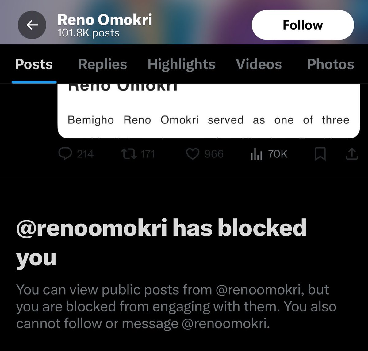 If Reno has ever blocked you, gather here and drop your badge of honor!

It means you are honest  and straightforward!