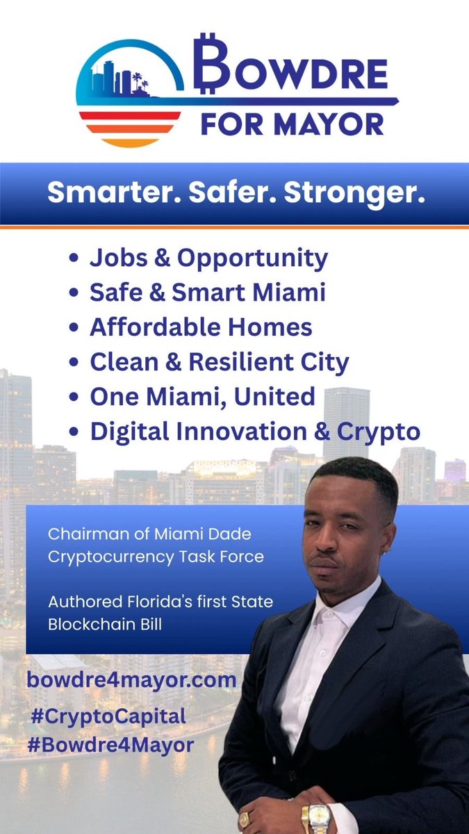 ChairmanBowdre's tweet photo. For the first time in history, a city will not merely tax—it will earn.

My administration will:
•Tokenize city-owned assets to unlock liquidity.
•Create new municipal capital markets with global participation.
•Develop equity positions in high-growth companies through public-private partnerships.
•Attract sovereign wealth funds, global banks, and venture capital into Miami’s civic growth engine.

Miami will not simply host innovation. Miami will be a shareholder in innovation.

https://t.co/3lM3ylC00L