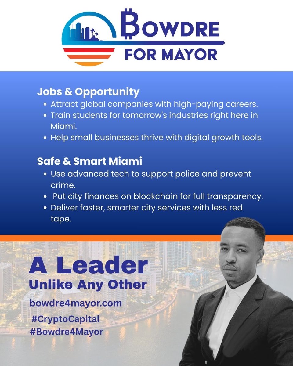 ChairmanBowdre's tweet photo. For the first time in history, a city will not merely tax—it will earn.

My administration will:
•Tokenize city-owned assets to unlock liquidity.
•Create new municipal capital markets with global participation.
•Develop equity positions in high-growth companies through public-private partnerships.
•Attract sovereign wealth funds, global banks, and venture capital into Miami’s civic growth engine.

Miami will not simply host innovation. Miami will be a shareholder in innovation.

https://t.co/3lM3ylC00L