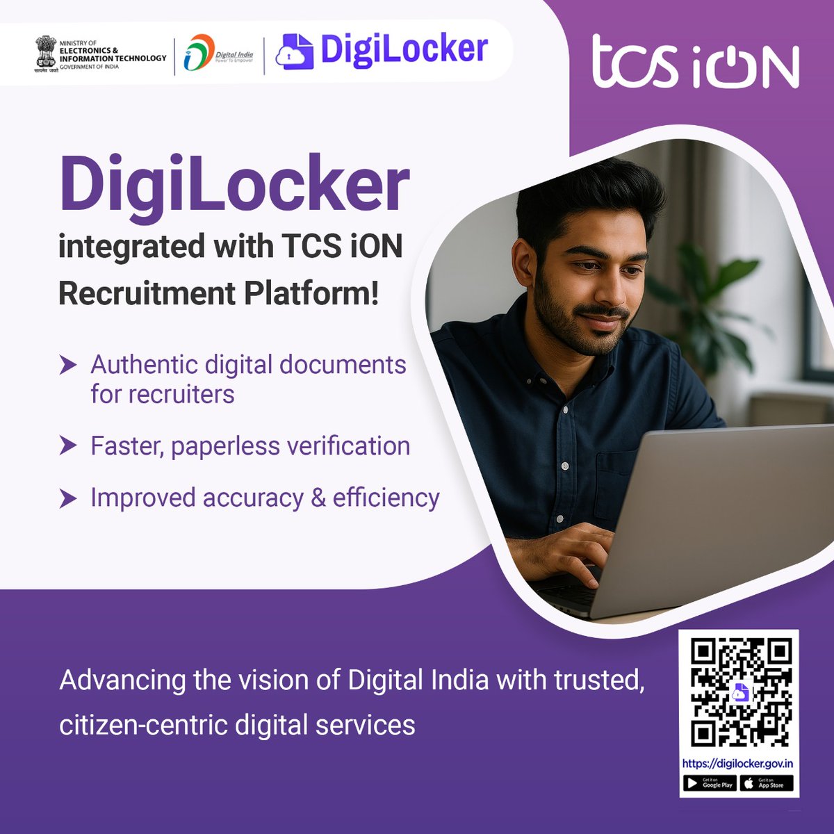 digilocker_ind's tweet image. #DigiLocker is now integrated with the TCS iON Recruitment Platform!
* Access authentic digital documents for recruitment
* Faster, paperless verification
* Improved accuracy and efficiency 
Driving Digital India forward with trusted, citizen-centric services.