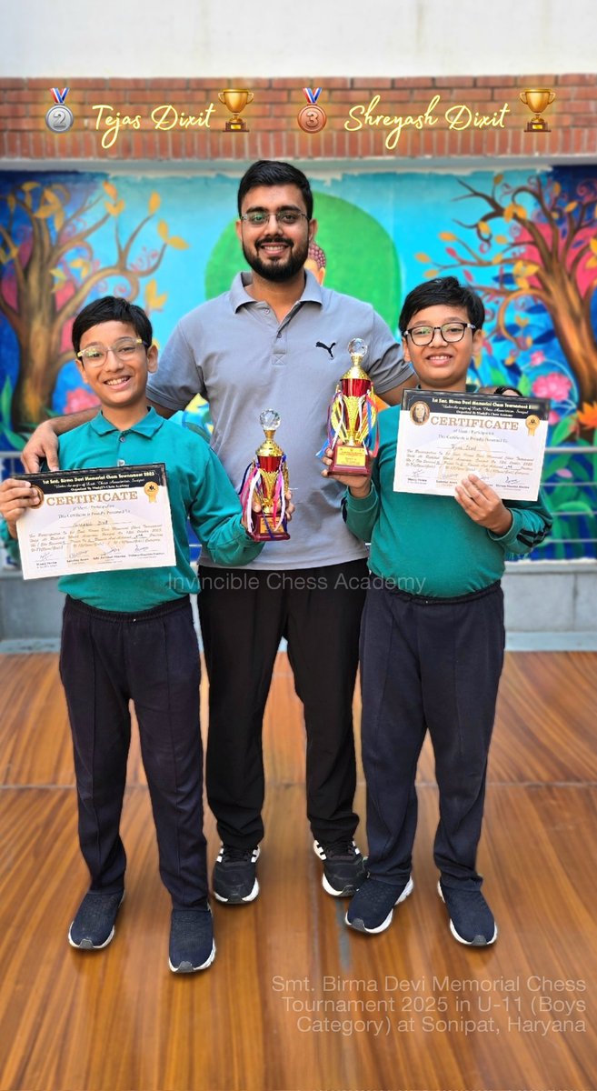 invinciblechess's tweet image. 🥈🏆 Tejas Dixit &amp;amp; 
🥉🏆 Shreyash Dixit 
“Congratulations to our young champions under 11! Your dedication, hard work, and passion for chess have truly paid off. You are an inspiration to all the young players out there. Keep striving for excellence.
#Invincible_chess_academy
