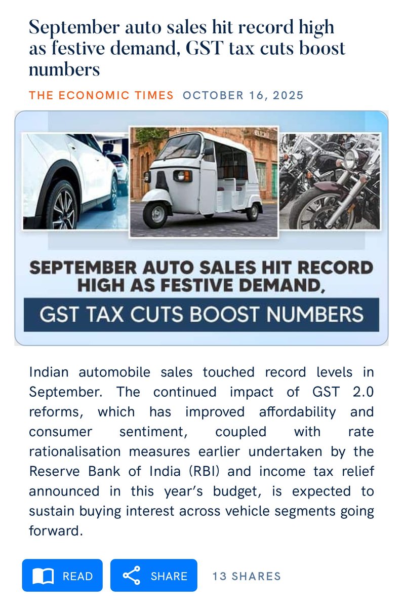 September auto sales hit record high as festive demand, GST tax cuts boost numbers
economictimes.indiatimes.com/industry/auto/…

via NaMo App