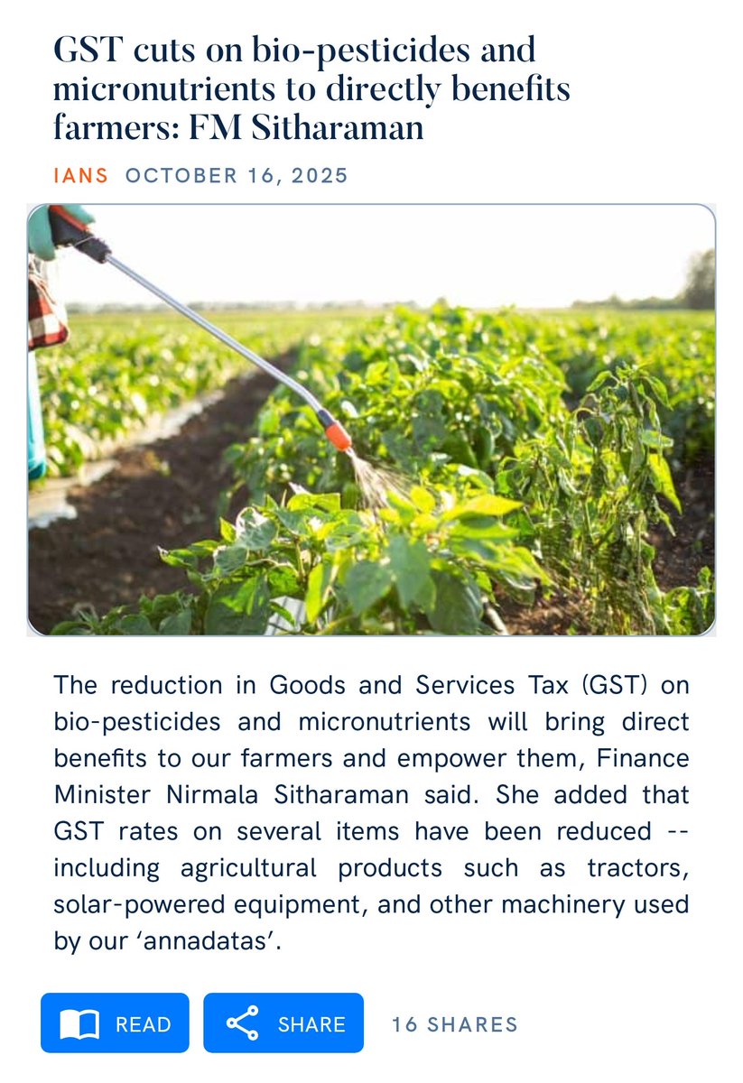 GST cuts on bio-pesticides and micronutrients to directly benefits farmers: FM Sitharaman
ianslive.in/gst-cuts-on-bi…

via NaMo App