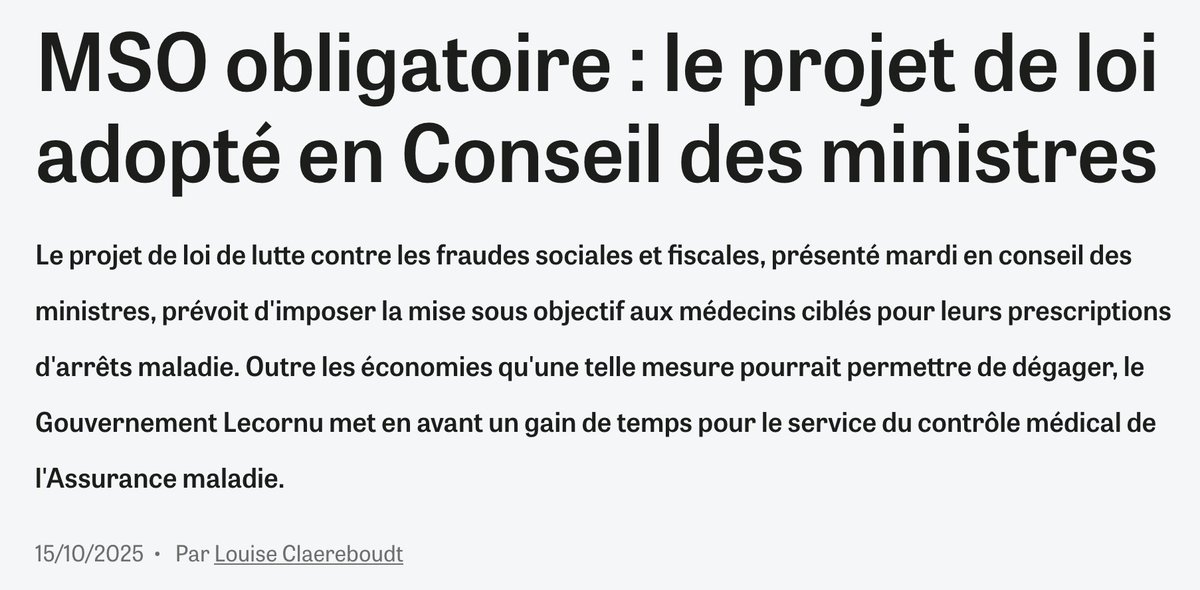 🎯 Objectif gouvernemental : Réduire les arrêts maladie.
🩺 Méthode : soupçonner les médecins de "fraude" et rendre la MSO obligatoire
💰 Résultat attendu : 10 millions d’euros.
Soit 0,004 % des dépenses de santé.

Une grande victoire symbolique. 🙃