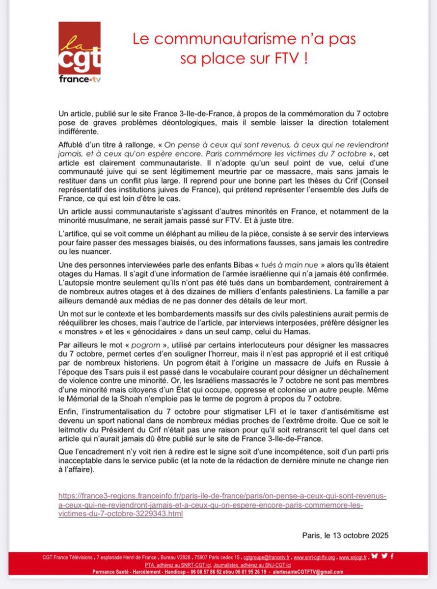 La #CGT France Télévisions s’étrangle qu’un reportage rappelle le pogrom du #7octobre. Révisionnisme en bandoulière, elle vole au secours de #LFI.