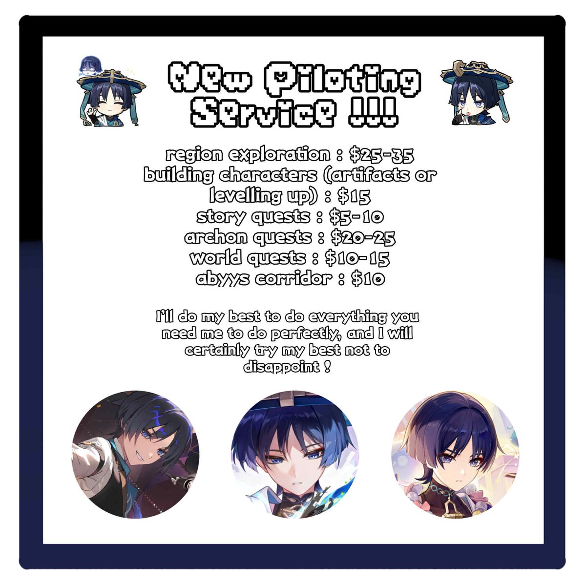 sephiiks's tweet photo. hihihiii oomfs nd non oomfs!!!

i'm starting a new genshin piloting service thingy because i'm heavily bored and in need of money, and i appreciate it a LOTT if you boost this !!!

#genshinimpact #genshinpilotservice #genshintwt #genshin #pilotingservice https://t.co/r29S1lRpwE
