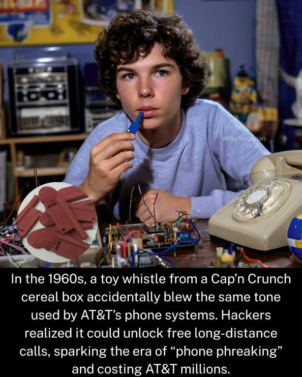 Rainmaker1973's tweet image. In the 1960s, a kid playing with a toy whistle from a Capโn Crunch cereal made an odd discovery.
The whistle produced a 2600-hertz tone, the same sound used by AT&T to control its phone network.
That unlocked a loophole in the system, allowing them to hack into AT&T and getโฆ