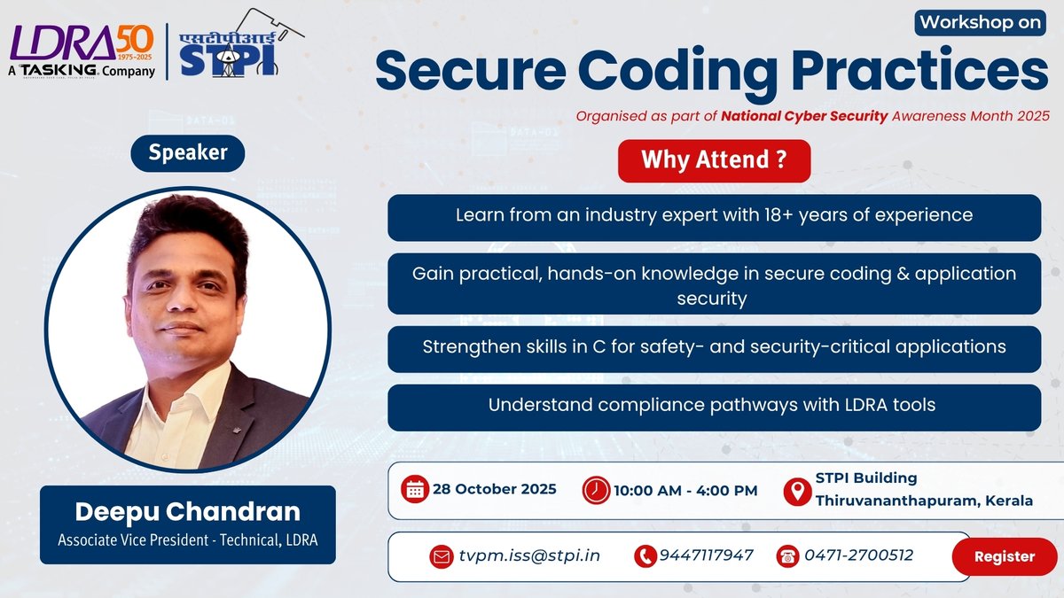 ldra_technology's tweet image. Mark your calendar: 28 Oct 2025! Join a full-day Secure Coding Workshop by STPI & LDRA, hands-on learning for devs, testers & cybersecurity pros.
#CyberSecurity #SecureCoding #LDRA #STPI #MISRA #CWE