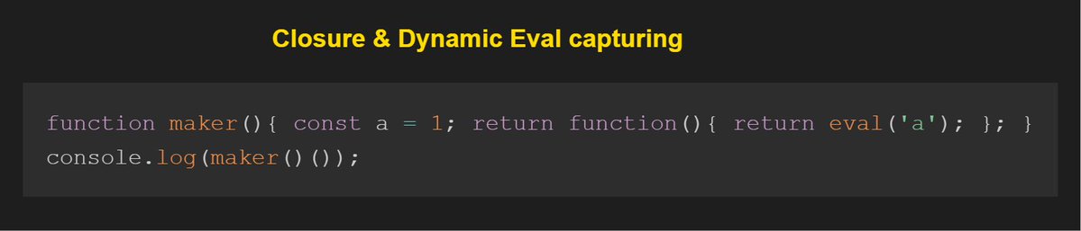 koomekelvink's tweet image. 🔽`eval` executed in the closure's scope can access closed-over variables (depending on strict mode and context).
Closure challenge ->
peelcode.devsip.tech/peel/closure/i…
#javascriptlearning #javascripttips #SoftwareDevelopment #SoftwareEngineering #buildinpublic #letsconnect