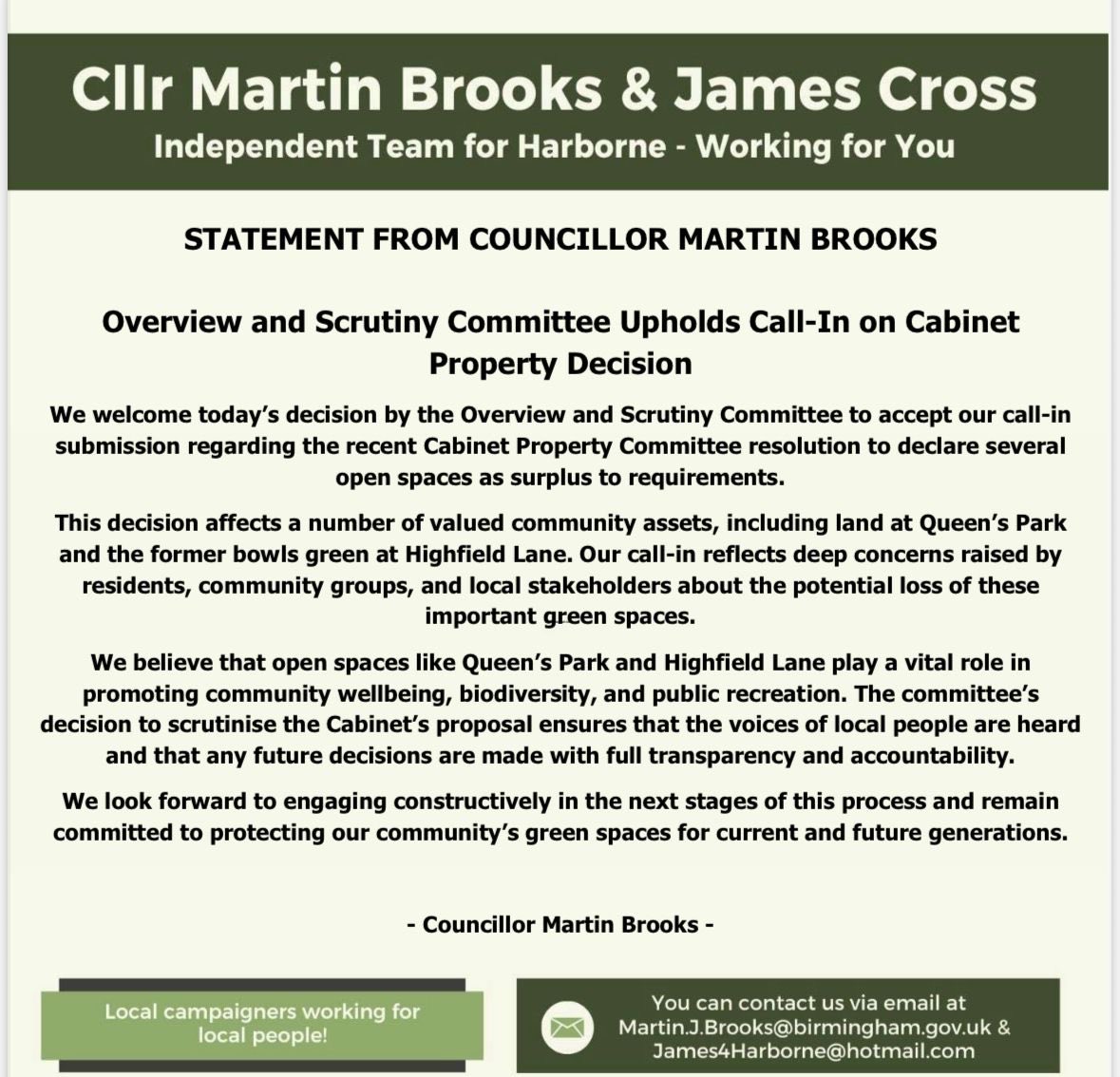 Important development in our fight to save open space at Queen’s Park and other green space across the city, when a <a href="/BhamCityCouncil/">Bham City Council</a> scrutiny committee voted UNANIMOUSLY to call in the Cabinet decision to sell off the sites.