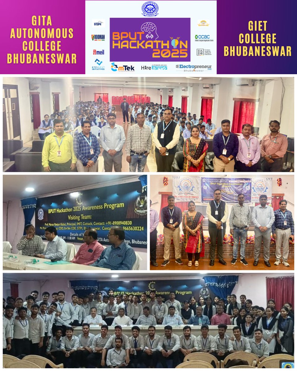 emtekcoe's tweet image. EmTeK CoE conducted outreach at GITA Autonomous College, Bhubaneswar and GIET College, Bhubaneswar to promote the BPUT Hackathon 2025 supported by STPI, encouraging students to participate & build innovative tech solutions.