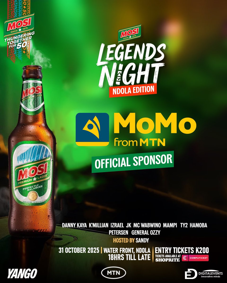 DigitalEventsZM's tweet photo. When legends unite, the night ignites! 🍻 Ndola, get ready for an unforgettable fusion of music, energy, and Mosi magic @momofrommtnzm. 🔥
 #LegendsNight
 #NdolaEdition
 #ThunderingTogether https://t.co/VZo6VPCuHo