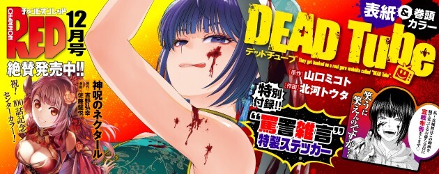 表紙＆巻頭カラー『DEAD Tube ～デッドチューブ～』
鬱屈した世界に毒を吐け！
特別付録は"罵詈雑言"特製ステッカー!!
祝！100話記念センターカラー『神呪のネクタール』
「チャンピオンRED12月号」絶賛発売中!!
akitashoten.co.jp/red