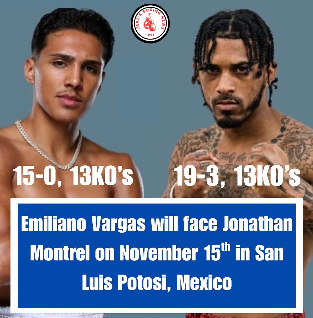 Zekeboxing's tweet photo. Emiliano “el general” Vargas will face Jonathan Montrel on the Espinoza vs Khegai Undercard for November 15th in San Luis Potosi, Mexico‼️
#boxing #zanferboxing #toprankboxing #vargasdynasty https://t.co/vh19zfjmRK