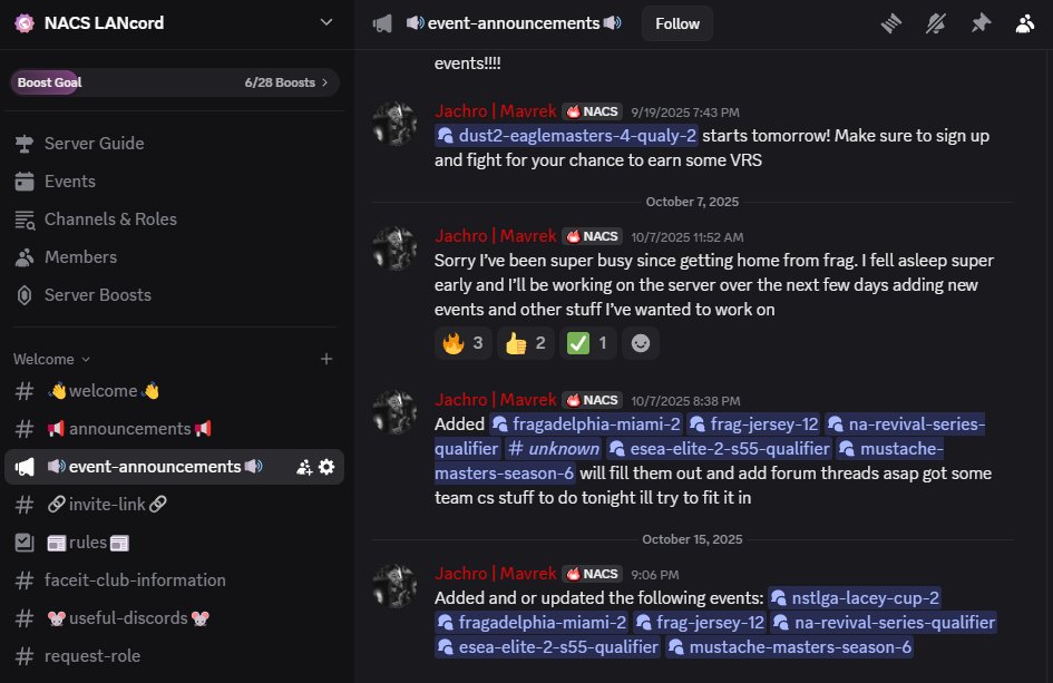 NACS LANcord (@nacslancord) on Twitter photo 🚨NEW EVENTS ALERT🚨
WE HAVE ADDED OR UPDATED THE FOLLOWING EVENTS:
<a href="/NSTLGA_GG/">Generation NSTLGA</a> : Lacey Cup 2 (VRS ENABLED LAN)
<a href="/fragadelphia/">Frag</a> : Miami 2 (VRS ENABLED LAN)
<a href="/fragadelphia/">Frag</a> : Rowan 12 (LOCAL LAN)
<a href="/MythicRebornGG/">Mythic Reborn</a> <a href="/Complexity/">Complexity</a> : NA Revival Series Open Qualifier (VRS EVENT QUALIFIER) 🚨NEW EVENTS ALERT🚨
WE HAVE ADDED OR UPDATED THE FOLLOWING EVENTS:
<a href="/NSTLGA_GG/">Generation NSTLGA</a> : Lacey Cup 2 (VRS ENABLED LAN)
<a href="/fragadelphia/">Frag</a> : Miami 2 (VRS ENABLED LAN)
<a href="/fragadelphia/">Frag</a> : Rowan 12 (LOCAL LAN)
<a href="/MythicRebornGG/">Mythic Reborn</a> <a href="/Complexity/">Complexity</a> : NA Revival Series Open Qualifier (VRS EVENT QUALIFIER)