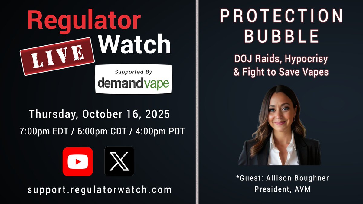 brentstafford's tweet photo. Coming up Thurs 10/16 @ 7pm EDT - PROTECTION BUBBLE | DOJ Raids, Hypocrisy & Fight to Save Vapes| RegWatch (Live) Allison Boughner, President of the American Vapor Manufacturers, joins RegWatch to expose the hypocrisy behind the DOJ raids and the fight to save vaping in America. @alli_vapes @INNCOorg @GFNicotine @VaporTechAssoc @lmstroud89 @JMacNYC