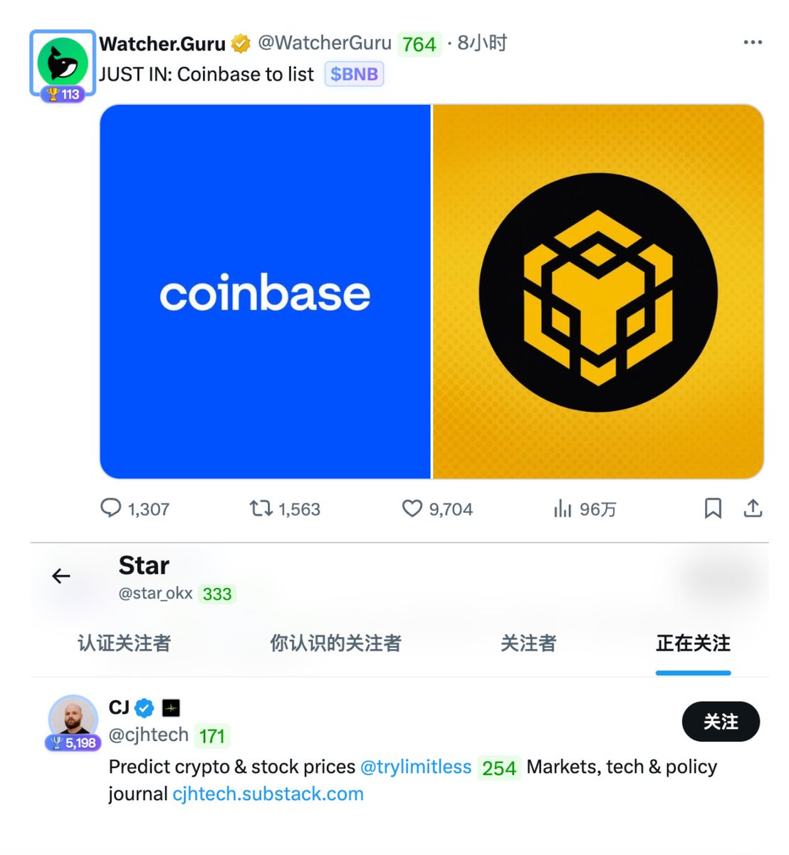 为啥美股几乎都回来了，但BTC / ETH / BNB / SOL 又跌下去了？ 以及最新的商战有点意思，徐明星关注了Limitless CJ,  Coinbase 要上架BNB
