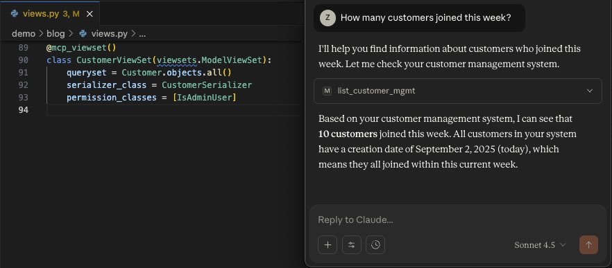 podbela's tweet image. Turn your Django REST Framework ViewSets into MCP tools with one decorator — and let LLMs safely read/write your app data.
⚙️ Build frontend agents or move admin workflows into your favorite LLM.
📊 Forget Retool — just ask Claude: “How many users joined last month?”
🔗…