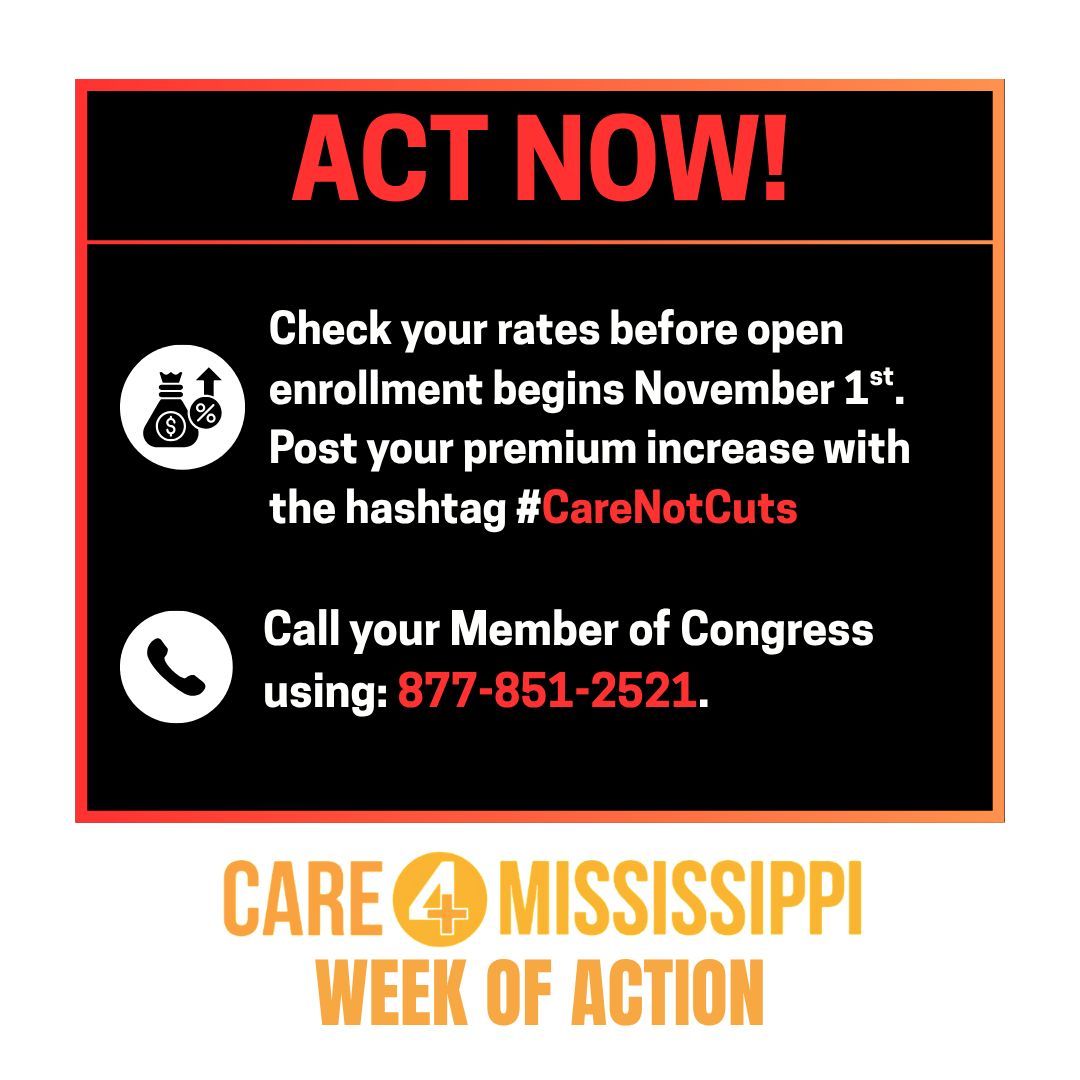 Care4MS's tweet photo. If enhanced ACA tax credits expire, Mississippians could see premiums rise 314% — about $602 more a year.
📅 Before Open Enrollment (Nov 1):
📈 Check your rates
📣 Post your premium increase w/ #CareNotCuts
📞 Call Congress: 877-851-2521
Affordable coverage matters
 #CareNotCuts https://t.co/bEFlmKKtZ7