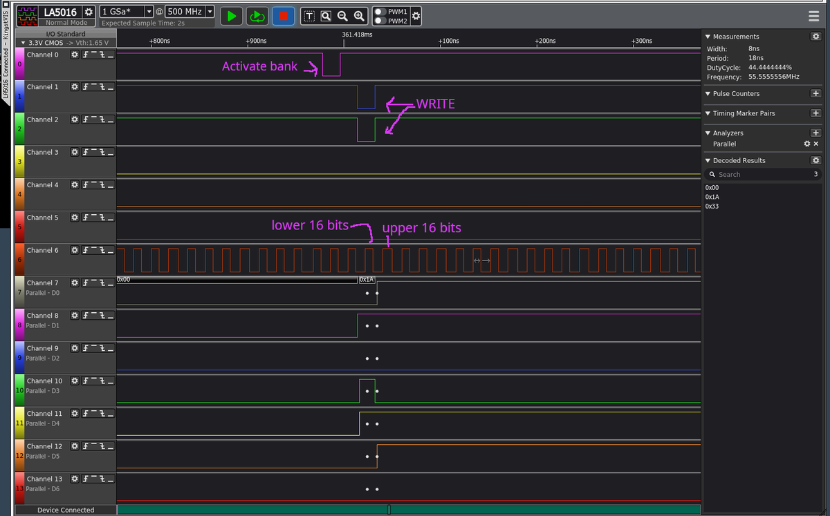 YLRabbit's tweet image. And now I regret not getting a 32-bit logic analyser.🤣 

Remember – 8 inputs are laughable if you&apos;re seriously interested in #fpga, get something more powerful right away.

SDRAM signal graphs, if anything.😜