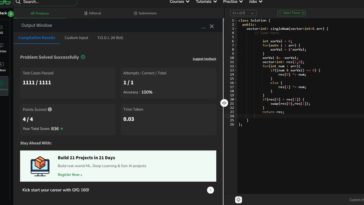 SealRishita's tweet image. Day 129 of GFG 160 Days Challenge
Problem-
&gt;&gt;Unique Number I
&gt;&gt;Unique Number II
@geeksforgeeks #CodingJourney