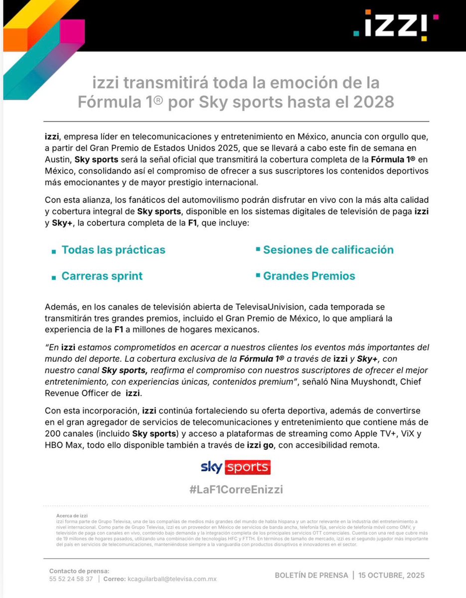 Adiós Fox Sports, hola izzi, Sky sports, Televisa.
#F1 📺