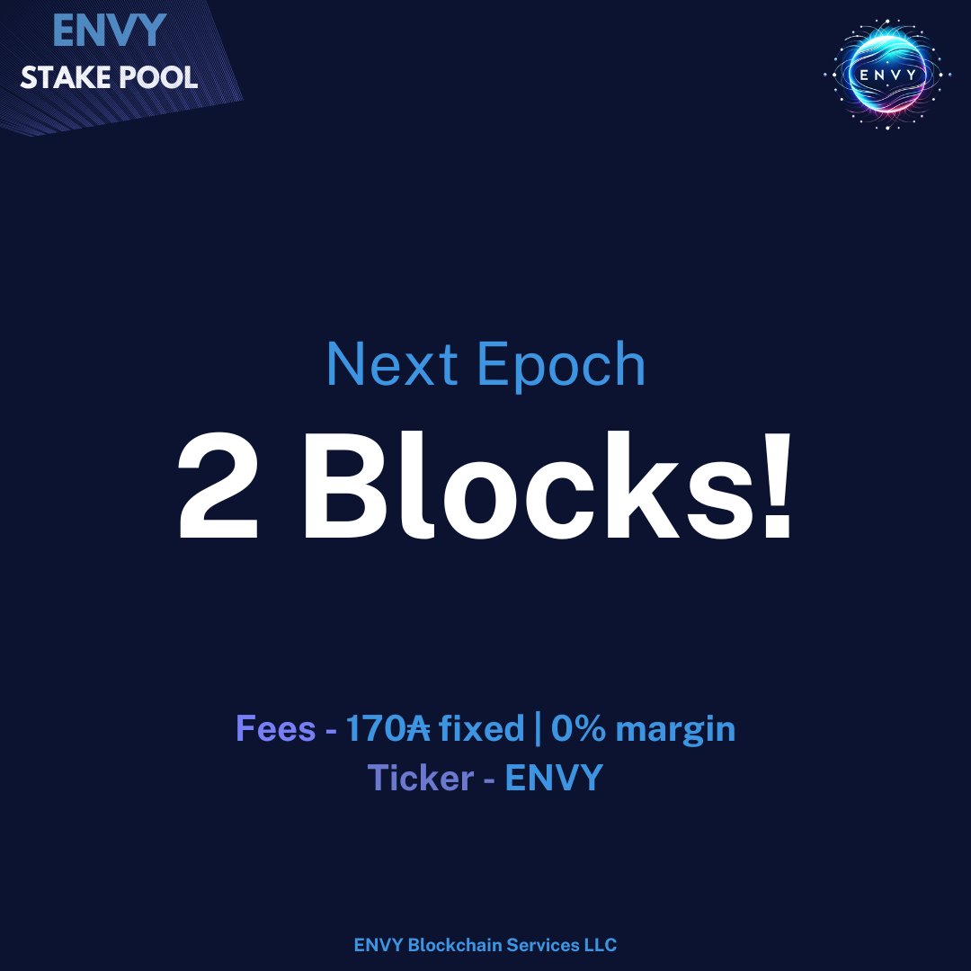 ✨ENVY Epoch 589 (Next Epoch) Schedule✨

🧱Expected Blocks: 2⃣
💰Lowest fees! (170 fixed | 0% margin)
🌐BareMetal, Decentralized &amp; Resilient
⏳Operating since August 2021

Delegate to ENVY &amp; earn $ADA rewards effortlessly!

#Cardano #ADA #CardanoCommunity