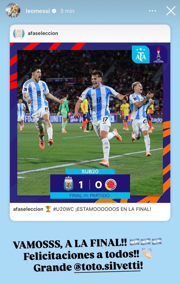 Lionel Messi felicitando a la Selección Argentina Sub 20 y a Toto Silvetti en Instagram.