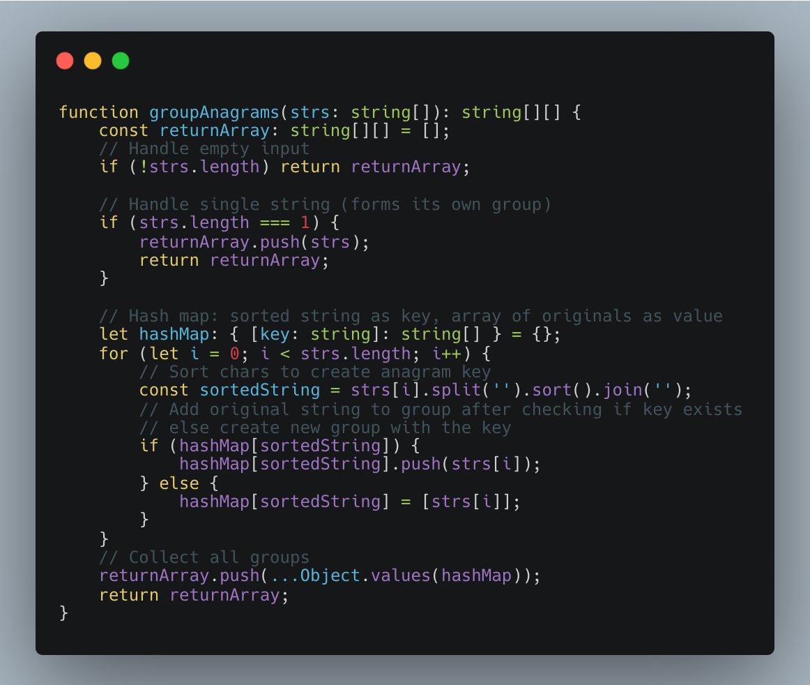 ManuJemini's tweet image. 🧩 Day 223 - DSA Problem: Group Anagrams (LeetCode 49) 🚀
🔍 Problem: Given an array of strings, group the anagrams together (same chars, same frequencies). Return in any order.
Link: leetcode.com/problems/group…
⚙️ Approach:
- Sort each string's chars as a hash map key; group…