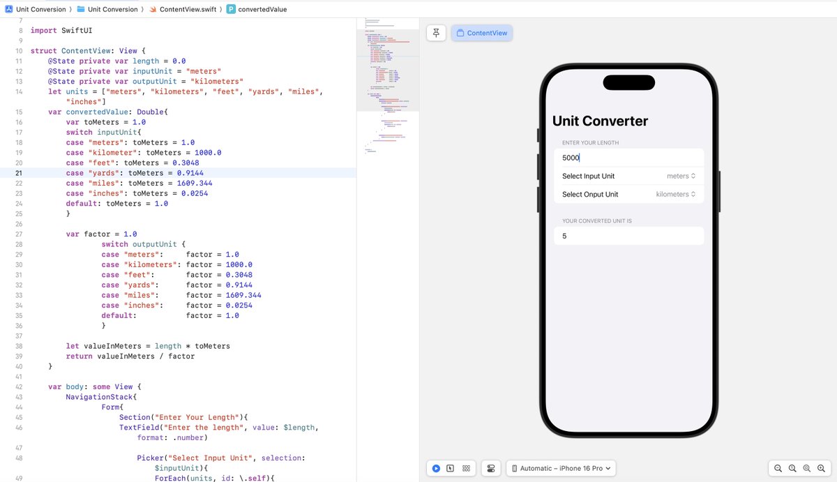 princyzreal's tweet image. My solution to the unit conversion challenge. I created a computed property and then used a switch to convert each unit to the value of 1meter.
#100DaysOfSwiftUI at hackingwithswift.com/100/swiftui/19 via
@twostraws