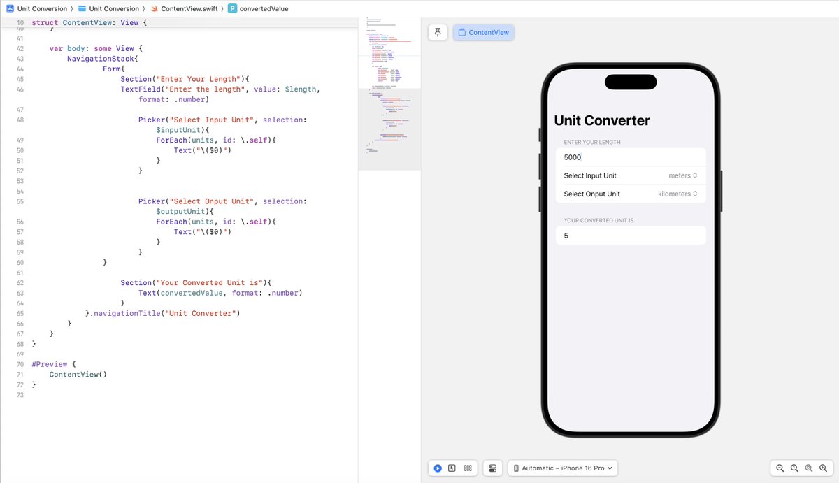 princyzreal's tweet image. My solution to the unit conversion challenge. I created a computed property and then used a switch to convert each unit to the value of 1meter.
#100DaysOfSwiftUI at hackingwithswift.com/100/swiftui/19 via
@twostraws