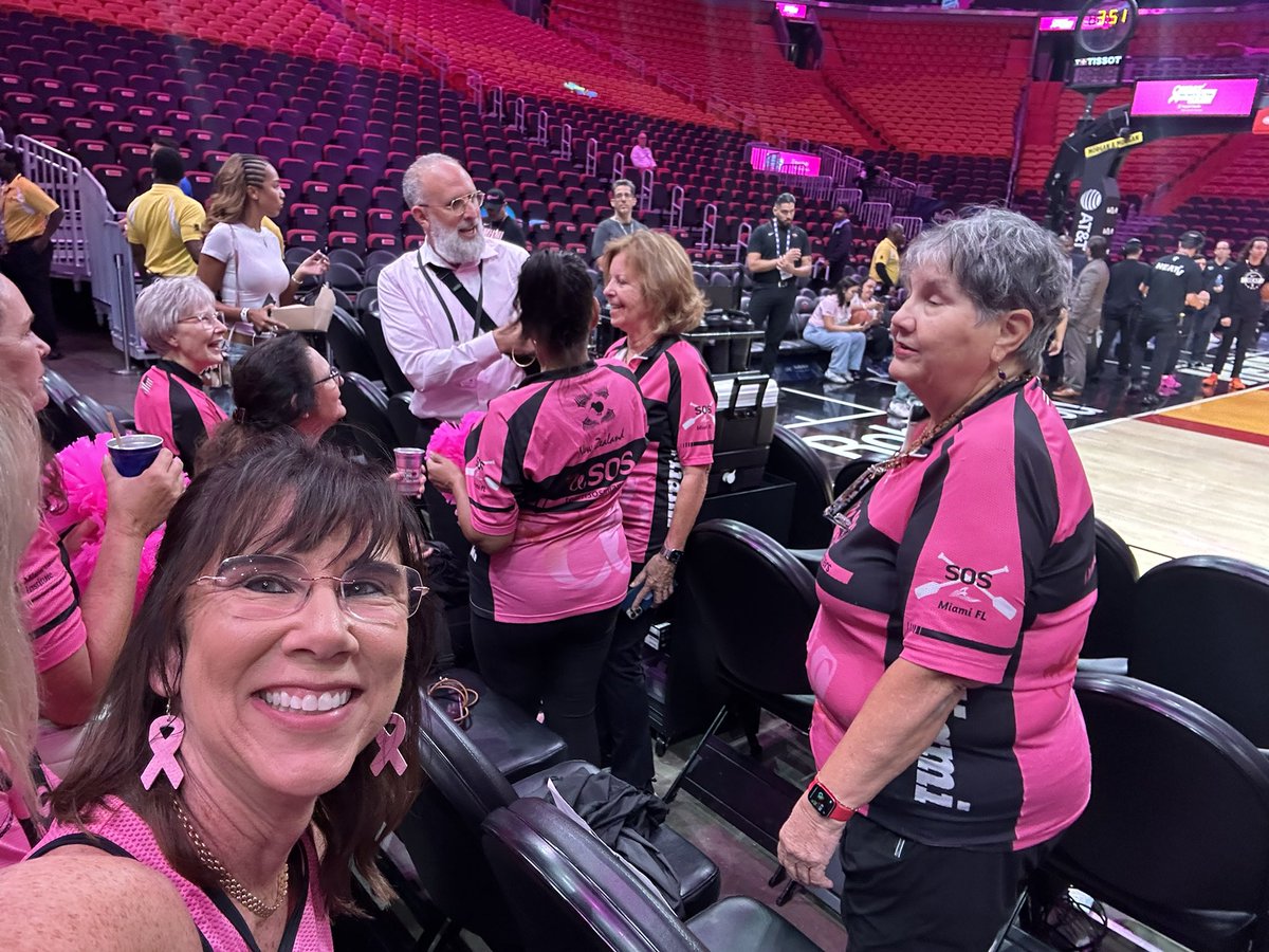 Teach2Survive's tweet photo. @MiamiHEAT Exciting night at the Red, White, &amp; Pink game with #SaveOurSisters . Supporting #survivors and #warriors And recognized by my former kindergarten student, Brandon from the ‘90’s. @MDCPSAlumni305 @MDCPS https://t.co/hlDODusuRT