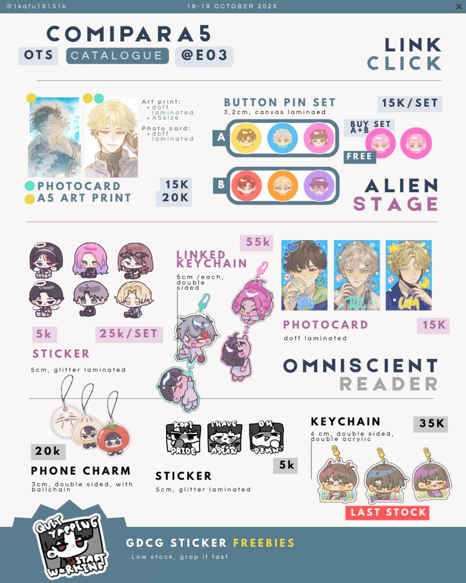 1kafu18151k's tweet photo. 🌊 KAFU COMIPARA CATALOGUE 🌊
(OTS)

📅 18-19 oktober 2025
📍 Booth E03 | Pawarung X Menarique Circle
🐚 Fandom : Alien Stage, ORV, Link Click, GDCG/GSGW

[ ❤ &amp; 🔁 are very appreciated ]
#comipara5catalogue
#comipara #ALNST #linclick #ORV
#时光代理人 https://t.co/CVPdEFo7AT