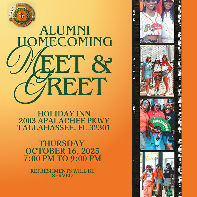 🐍 Rattlers, it’s Homecoming season! 🐍🎓

Join us for the Alumni Homecoming Meet &amp; Greet a night to reconnect, reminisce, and celebrate our FAMU pride! 💚🧡

Holiday Inn
2003 Apalachee Pkwy, Tallahassee, FL 32301

Thursday, October 16, 2025
7:00 PM – 9:00 PM

#famu